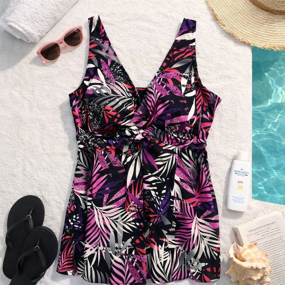 Swimsuits For All Pink/purple 2 Piece Swim Dress Padded Cups NWOT. Size 28